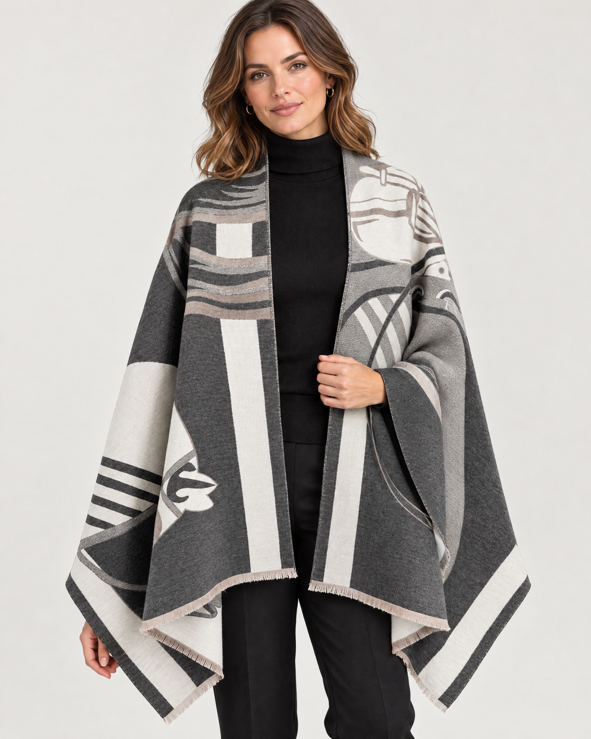 Woman wearing dark grey and white patterned shawl wrap