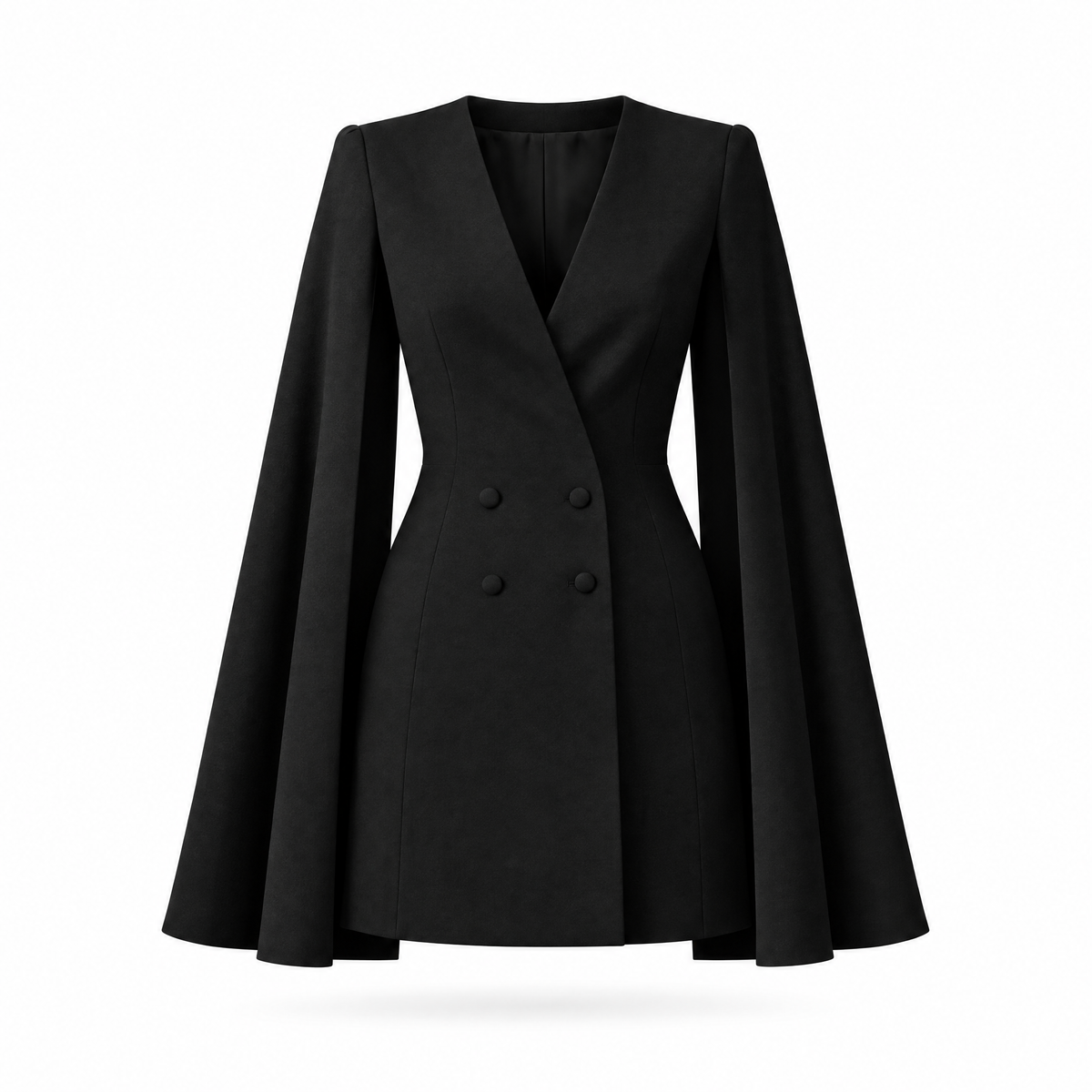 Women's black cape blazer dress on white background