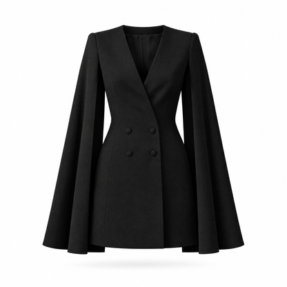 Women's black cape blazer dress on white background