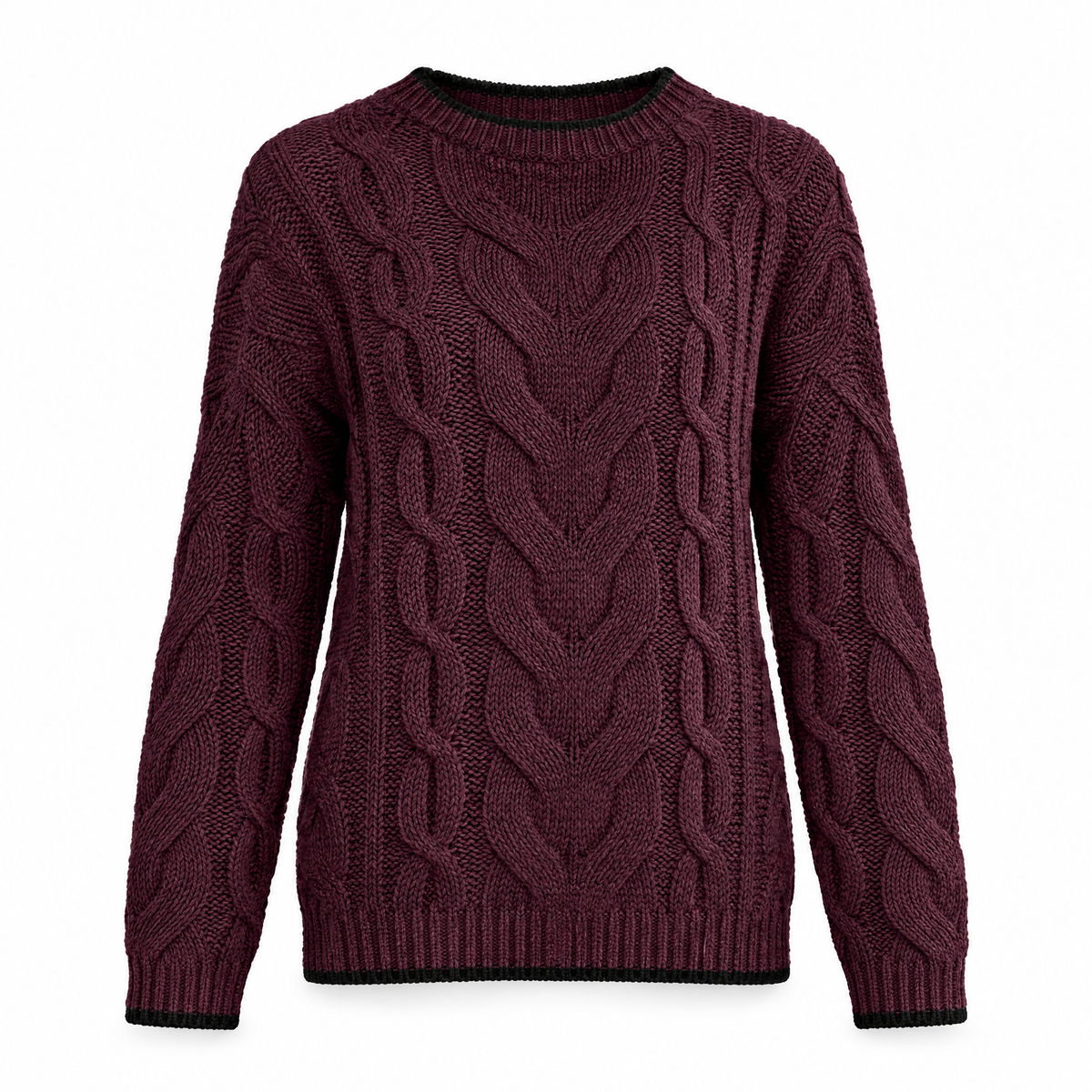 Women's burgundy cable knit crewneck sweater on white background
