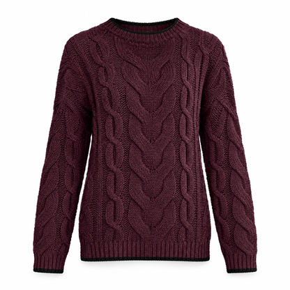 Women's burgundy cable knit crewneck sweater on white background
