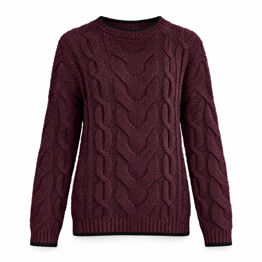 Women's burgundy cable knit crewneck sweater on white background